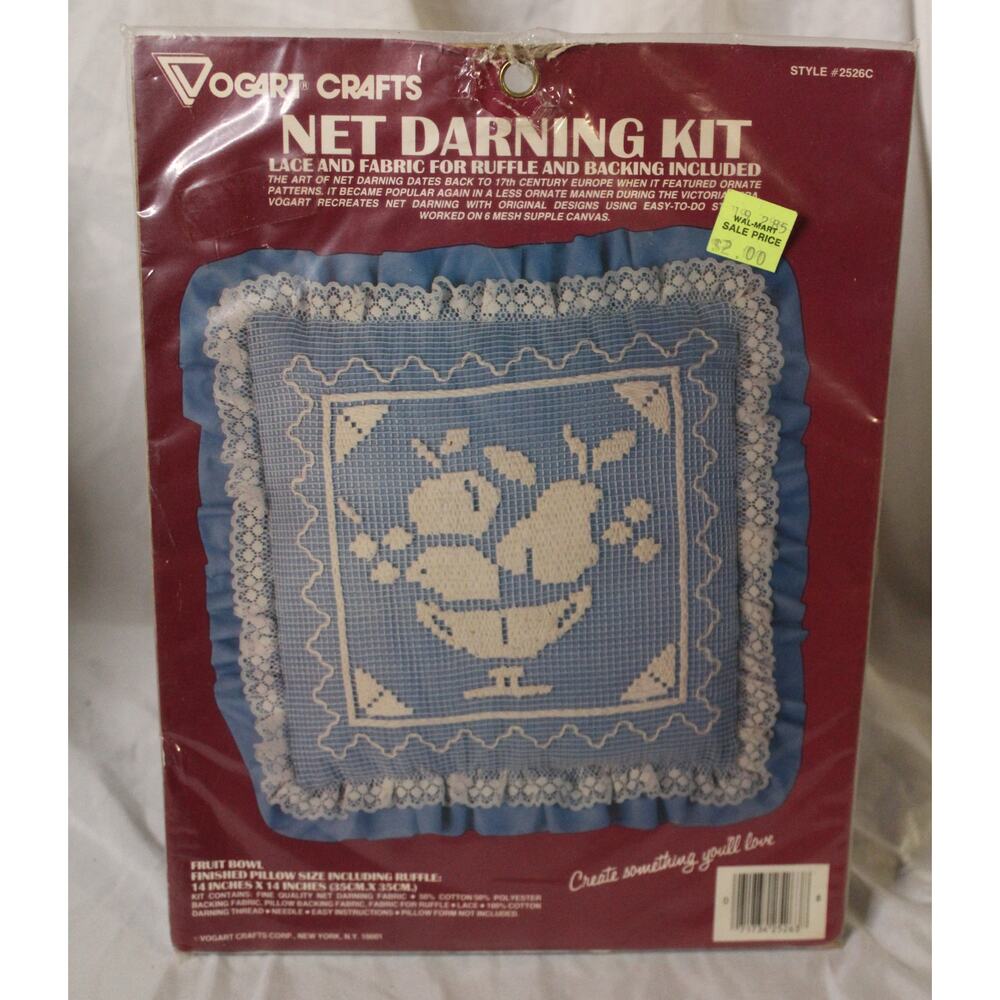 Vogart Crafts Net Darning Kit Pillow Fruit Bowl Lace Ruffle Backing 14x14